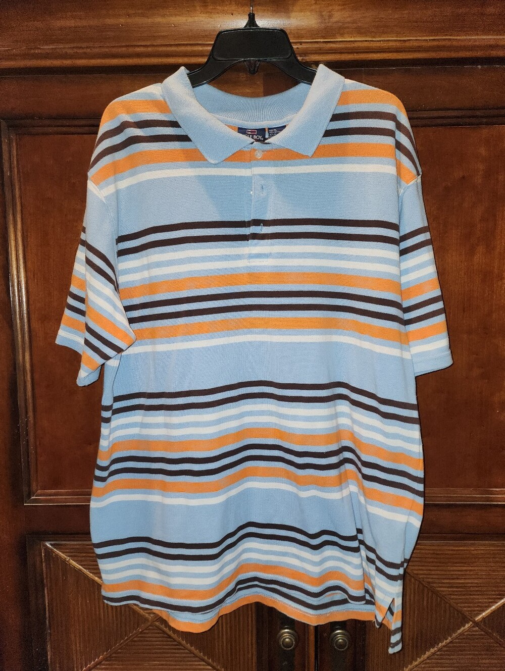 Y2k Mens Xl Bugle Boy Light Blue Striped Polo with Orange & Brown Accents